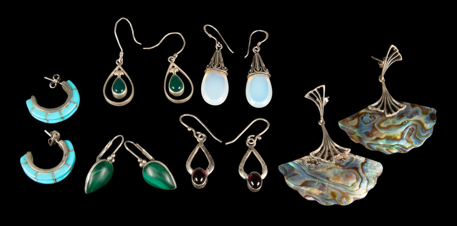 (6) PRS STERLING SILVER GEMSTONE EARRINGS: (6) PRS STERLING SILVER GEMSTONE EARRINGS A group of six pairs of sterling silver earrings in assorted styles, including examples set with malachite, turquoise inlay, cabochon stones, and iridescent
