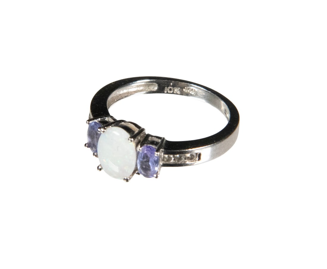 10K WHITE GOLD OPAL, IOLITE AND DIAMOND RING (1 of 2)