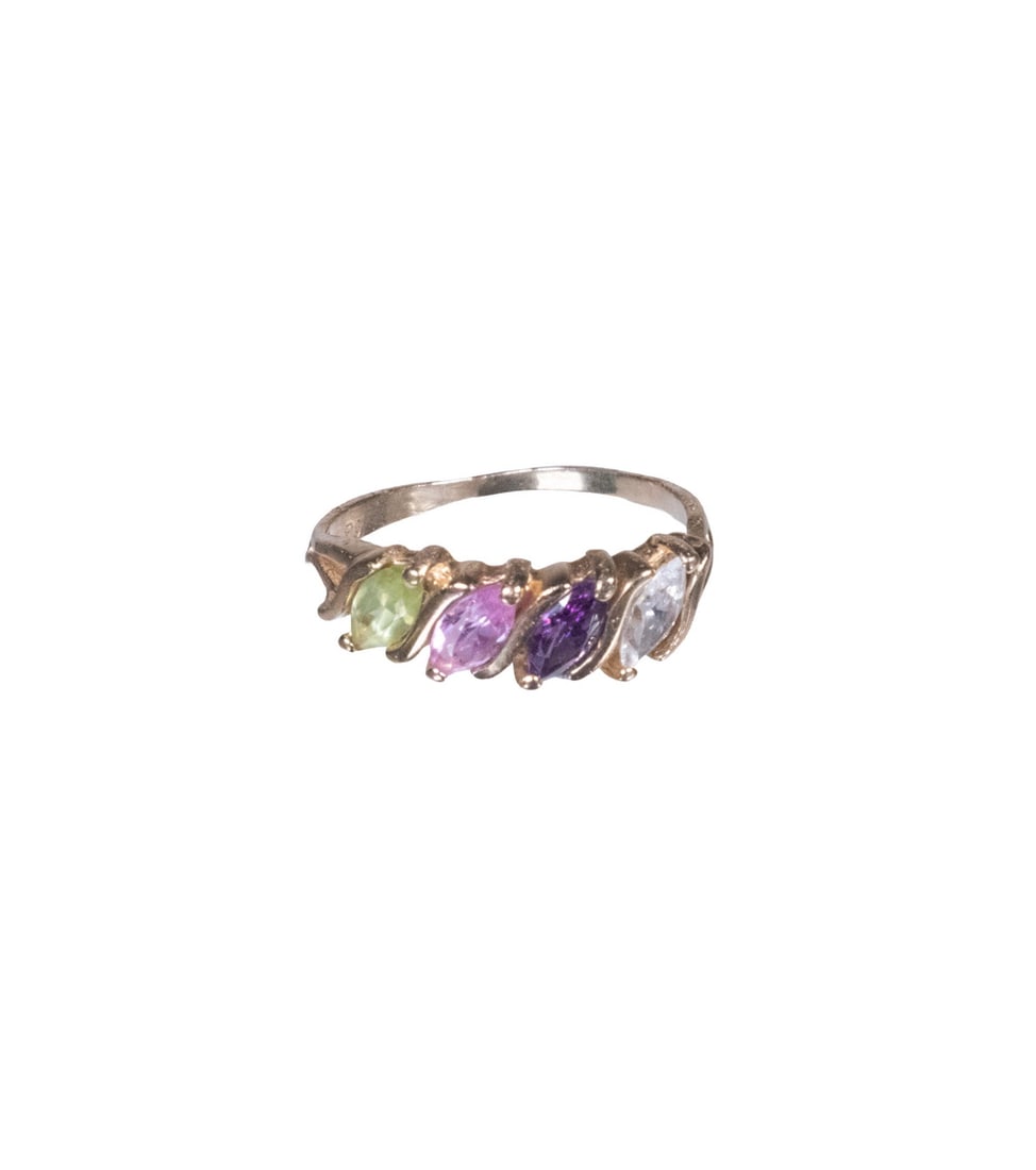 14K GOLD MULTI-GEMSTONE RING: 14K GOLD MULTI-GEMSTONE RING A 14K yellow gold band set with a row of (4) marquise-cut gemstones including peridot, pink sapphire each displaying lively brilliance and contrasting hues. 1.5 dwt. total