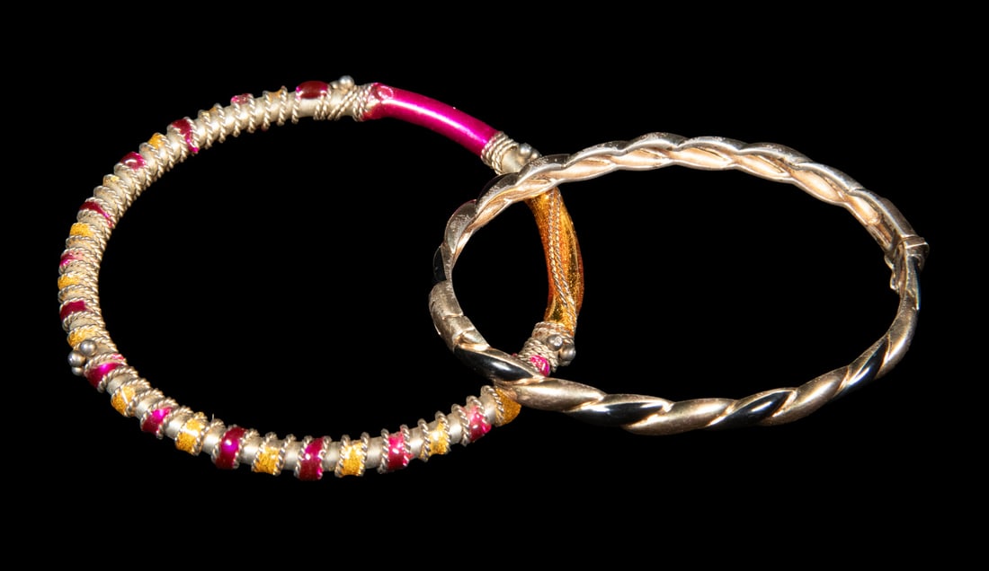 (2) STERLING SILVER BANGLES WITH ENAMEL AND BLACK INLAY (1 of 1)