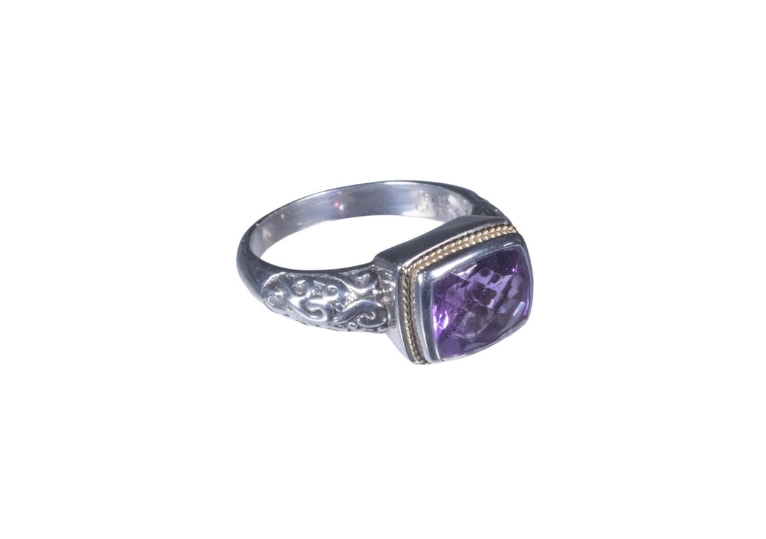 PHILIP GAVRIEL STERLING SILVER AND 18K GOLD AMETHYST RING: PHILIP GAVRIEL STERLING SILVER AND 18K GOLD AMETHYST RING A sterling silver ring accented with 18K gold, signed Philip Gavriel. The ring is set with a rectangular cushion-cut amethyst measuring approx