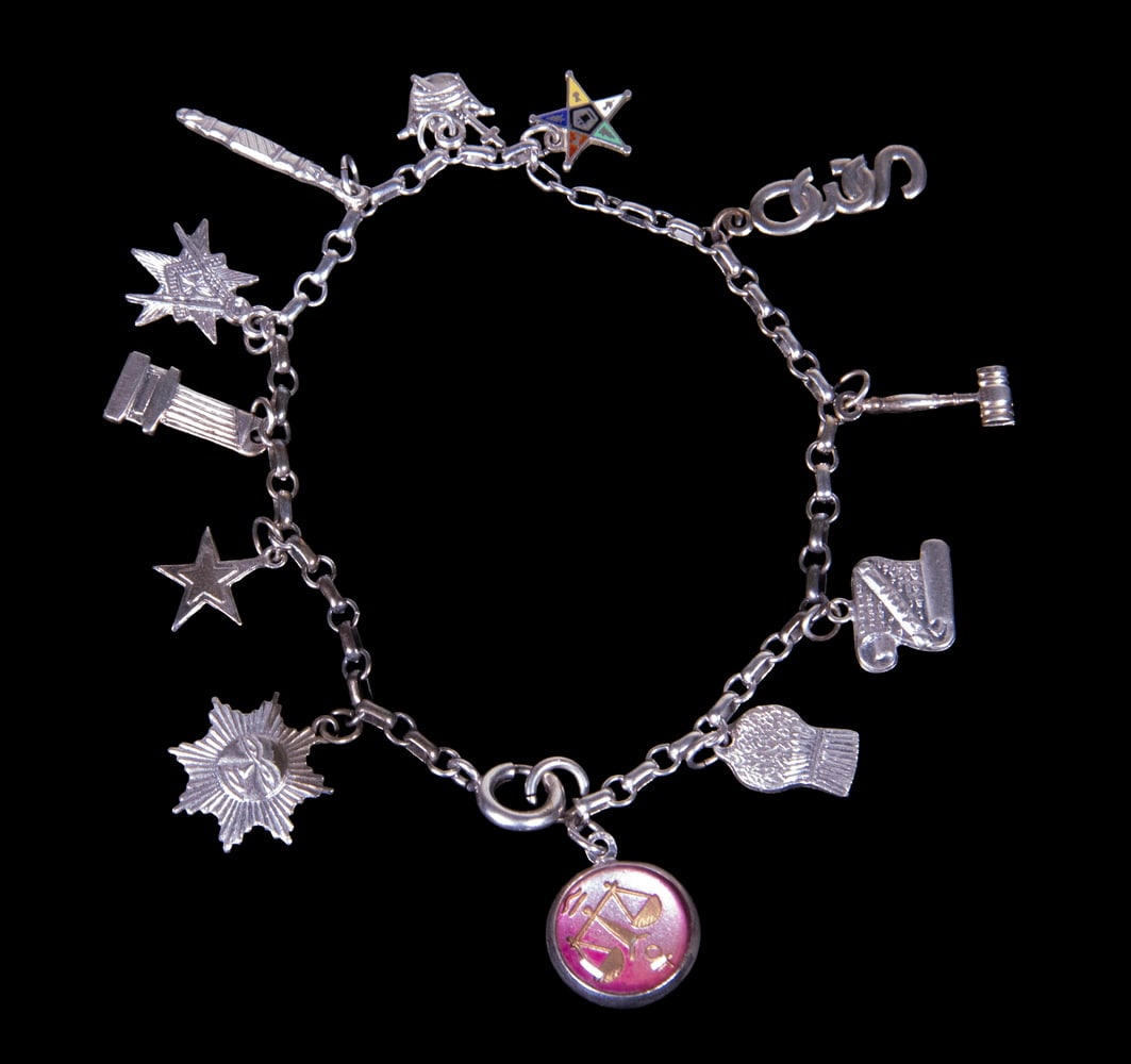 STERLING SILVER CHARM BRACELET WITH MASONIC AND NOVELTY CHARMS (1 of 1)