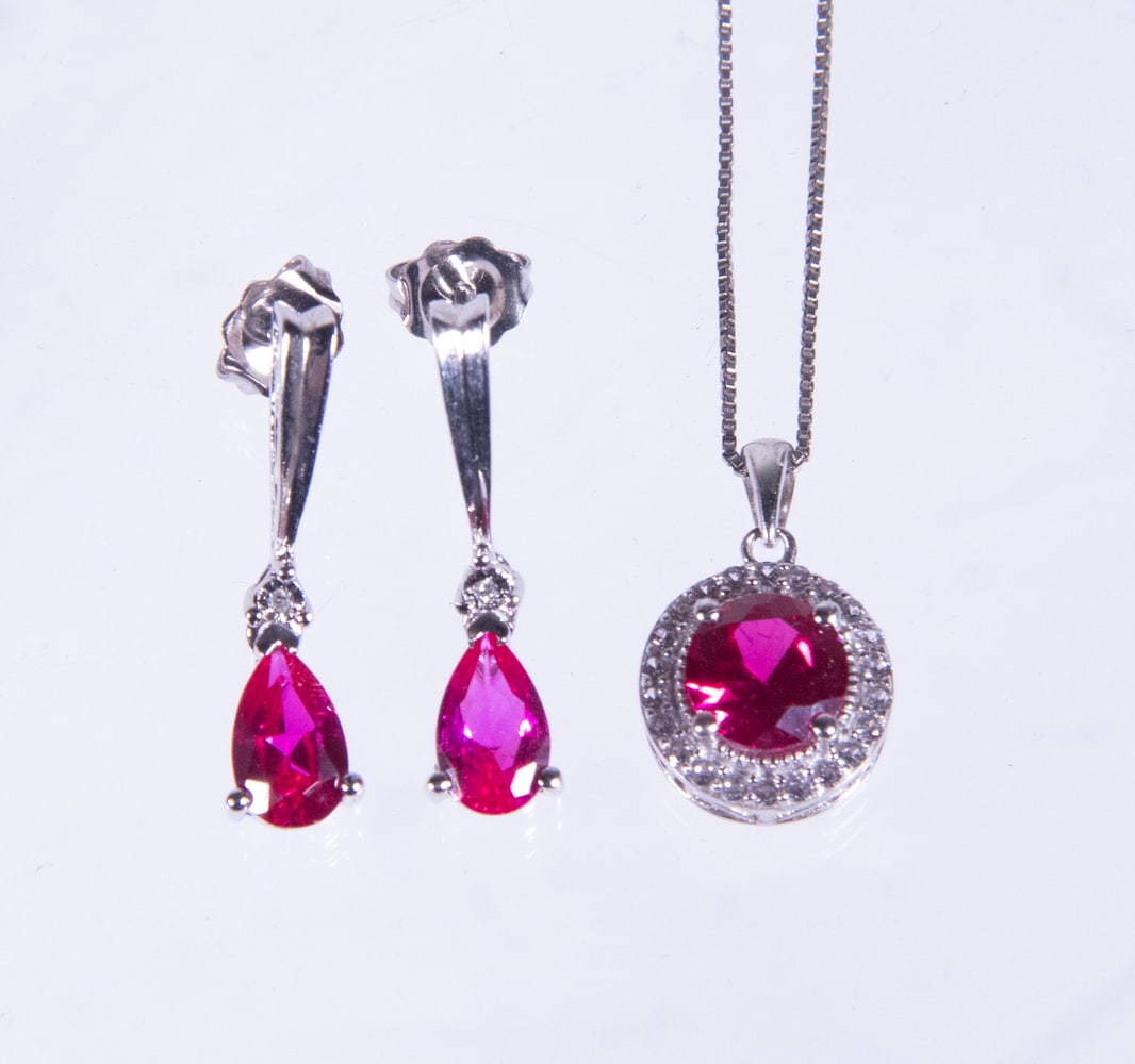 (2 PCS) STERLING SILVER SYNTHETIC RUBY AND CZ JEWELRY SUITE (1 of 1)