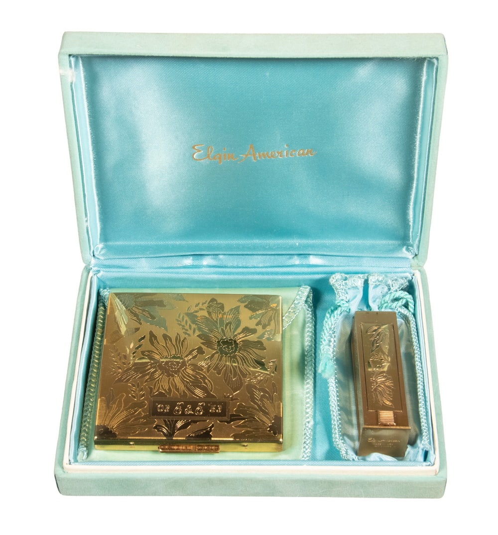 ELGIN AMERICAN GOLD-TONE COMPACT AND LIPSTICK CASE SET, 1953 (1 of 3)