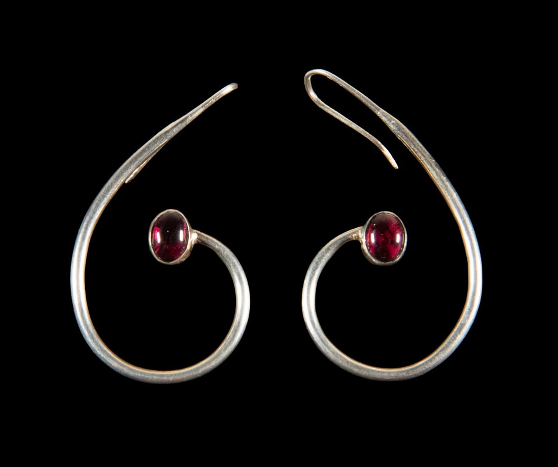 PR STERLING SILVER AND PINK TOURMALINE EARRINGS: PR STERLING SILVER AND PINK TOURMALINE EARRINGS Designed as open spiral wire drops, each bezel-set with an oval cabochon pink tourmaline of rich raspberry-pink hue, measuring approximately 7.84 x 5.93