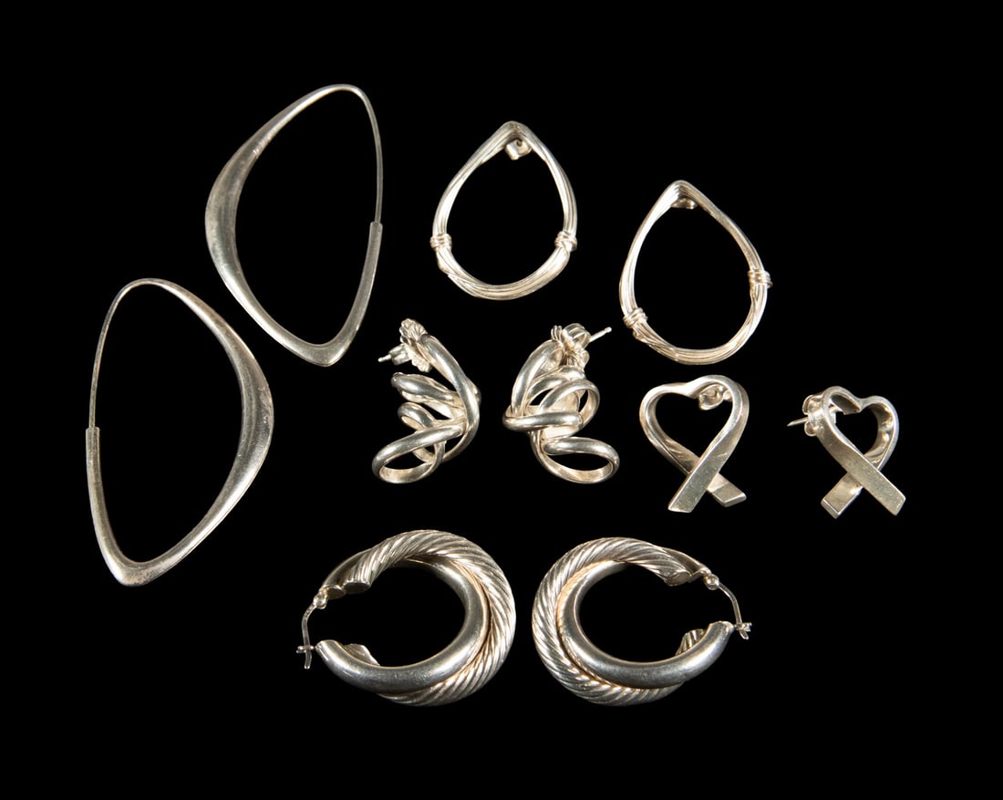 (5) PR MODERN STERLING SILVER EARRINGS: (5) PR MODERN STERLING SILVER EARRINGS A group of five pairs of modern sterling silver earrings in assorted rope-twist and textured designs. Includes two pairs of hoop earrings and three pairs of post