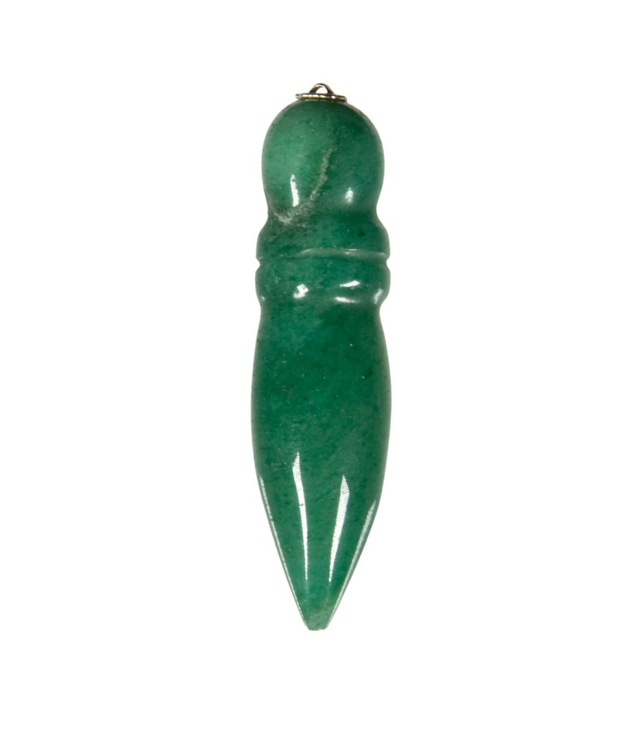 GREEN AVENTURINE PENDULUM CARVING: GREEN AVENTURINE PENDULUM CARVING A carved green aventurine pendulum with pointed form and rounded finial. OS: 2 3/8 x 0 5/8 in. (6 x 1.6 cm.)