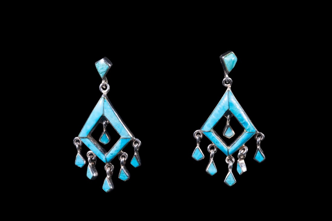 PR STERLING SILVER TURQUOISE INLAY DANGLE EARRINGS: PR STERLING SILVER TURQUOISE INLAY DANGLE EARRINGS A pair of sterling silver dangle earrings featuring geometric openwork designs set with turquoise inlay. Each suspends a series of small articulated 