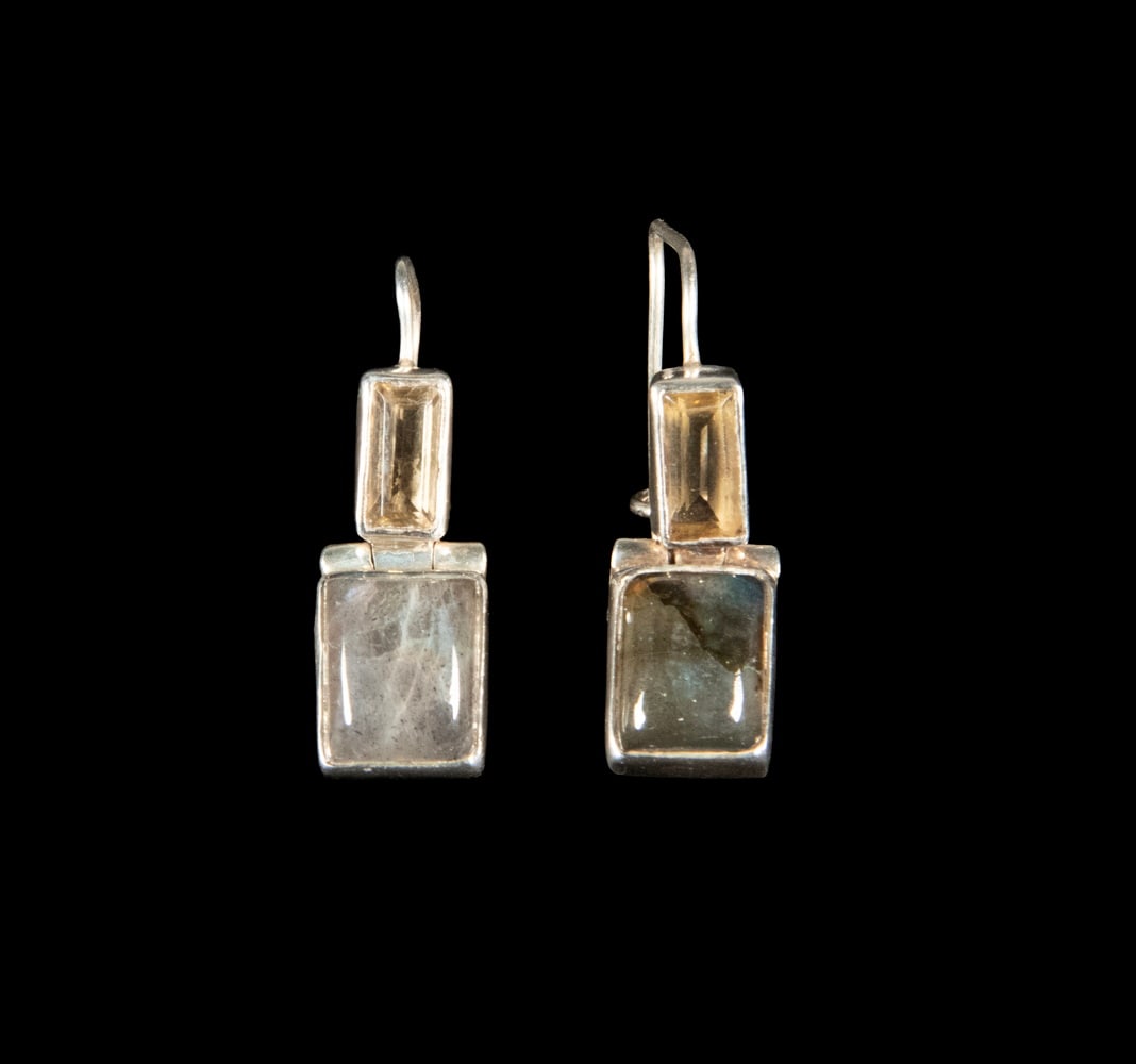 PR FRENCH HOOK STERLING SILVER LABODRITE AND QUARTZ EARRINGS (1 of 1)