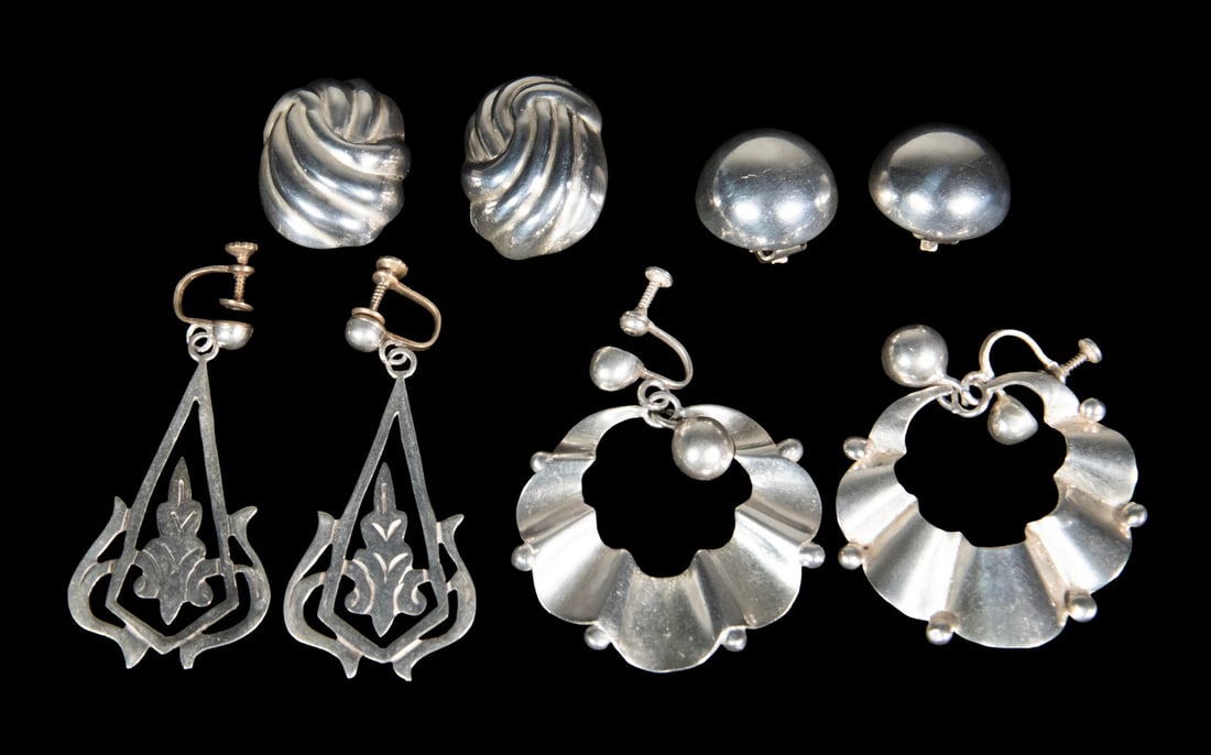 (4 PRS) MEXICAN STERLING SILVER EARRINGS: (4 PRS) MEXICAN STERLING SILVER EARRINGS (4)-Pair Collection of Vintage Silver Earrings, incl: Screwback round drop hoop earrings, 2" x 1 3/4"; Screwback Art Nouveau design drop earrings, with eagle