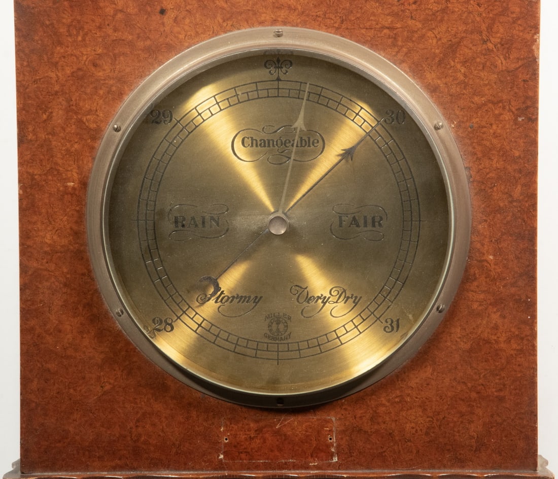 WALNUT CASED BAROMETER, THERMOMETER & CLOCK - 2