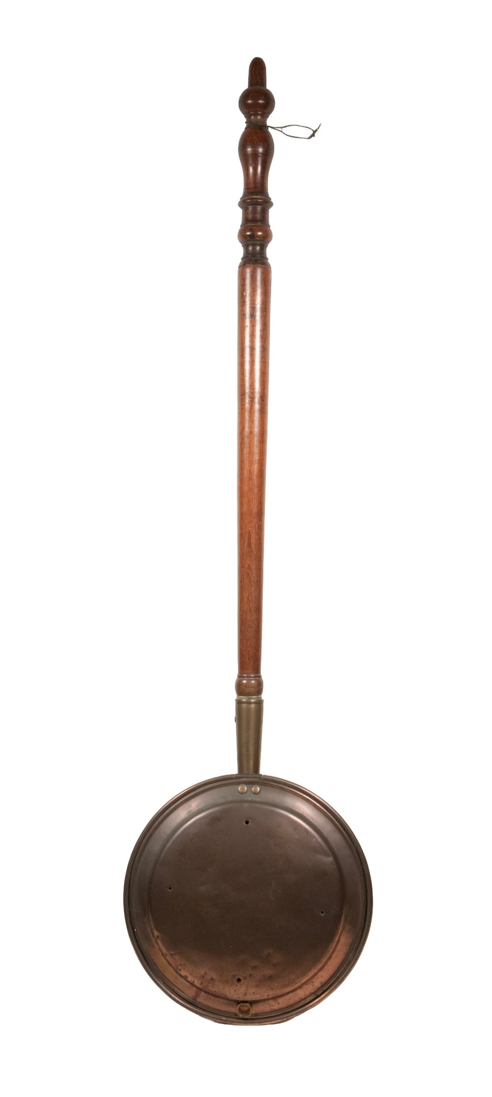 18TH C. COPPER BED WARMER WITH BIRD: 18TH C. COPPER BED WARMER WITH BIRD Early Warming Pan with Turned Wooden Handle, the lid with ring handle and engraved bird & scroll decoration. OS: 43 x 11 x 3 1/2 in. (109.2 x 27.9 x 8.9 cm.)