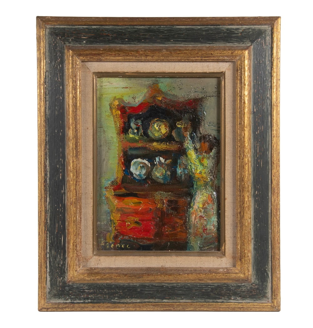 YITZHAK FRENKEL-FRENEL (ISRAEL/UKRAINE, 1899-1981): YITZHAK FRENKEL-FRENEL (ISRAEL/UKRAINE, 1899-1981) "Woman at Cupboard", impasto oil on canvas, signed lower left, with title and date of 1954 verso. In gold and black frame with linen liner. OS: 13