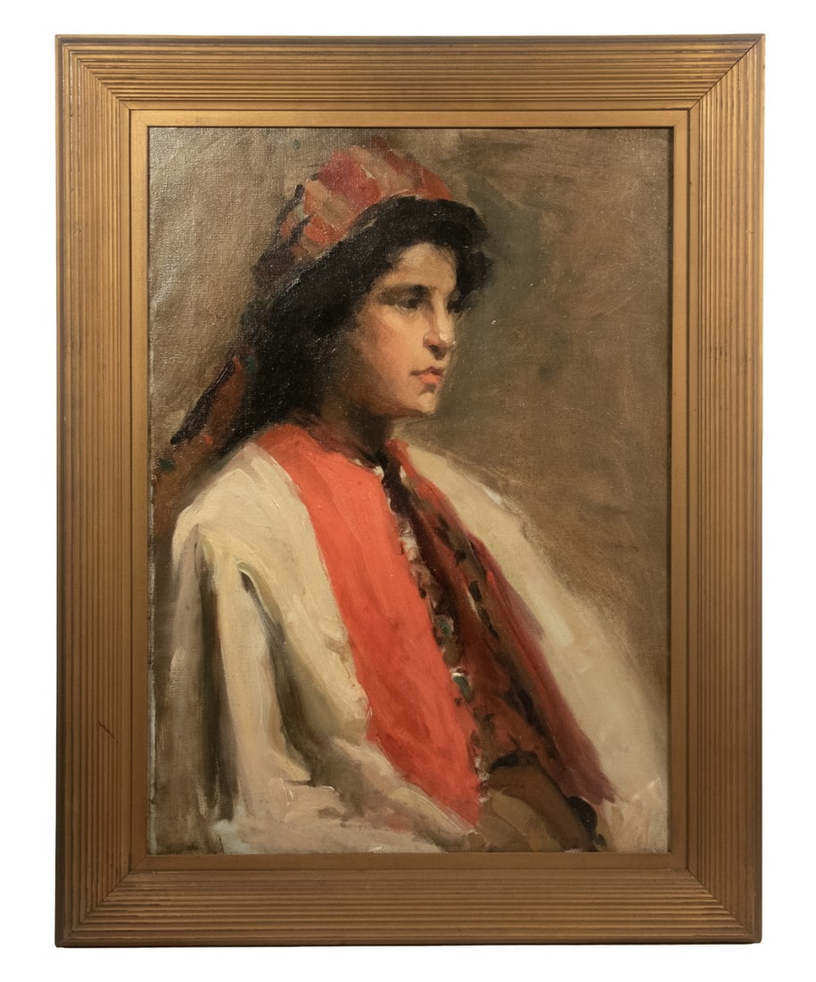 IRIS ANDREWS MILLER (DETROIT, 1881-1981): IRIS ANDREWS MILLER (DETROIT, 1881-1981) "Syria Girl", oil on canvas, signed verso and with old label giving title, artist's name and Detroit address, $750 insurance. In original gold painted ribbed f