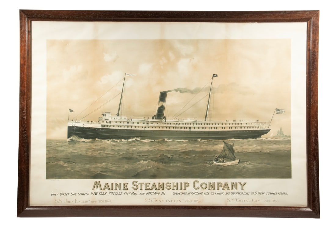 VINTAGE MAINE STEAMSHIP COMPANY BROADSIDE PRINT, FRAMED (1 of 3)