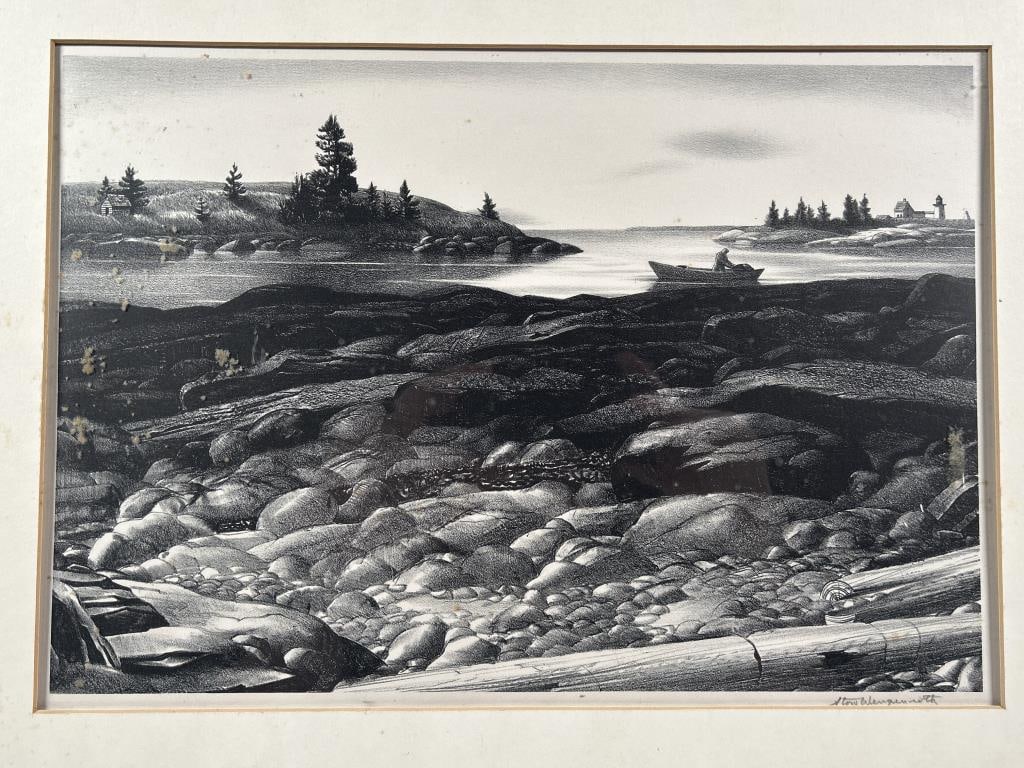 STOW WENGENROTH (AMERICAN, 1906-1978), ALONG THE SHORE, 1938: STOW WENGENROTH (AMERICAN, 1906-1978), ALONG THE SHORE, 1938 Lithograph on paper, signed lower right, and editioned bottom left Ed./60. Depicting the rocky coast of Maine, with rounded granite ledges,