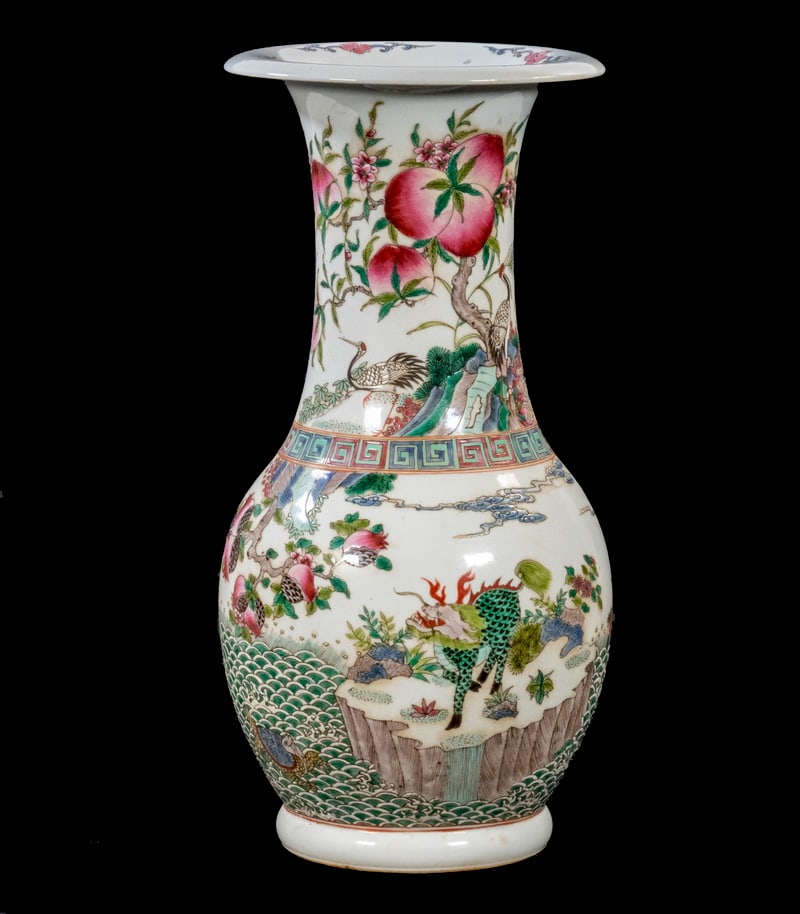 CHINESE PORCELAIN BALUSTER VASE: CHINESE PORCELAIN BALUSTER VASE Chinese Export Famille Rose Porcelain Vase, with flared rim, decorated with peaches, cranes, a qilin, carp and other animal figures, with underglaze blue six character 