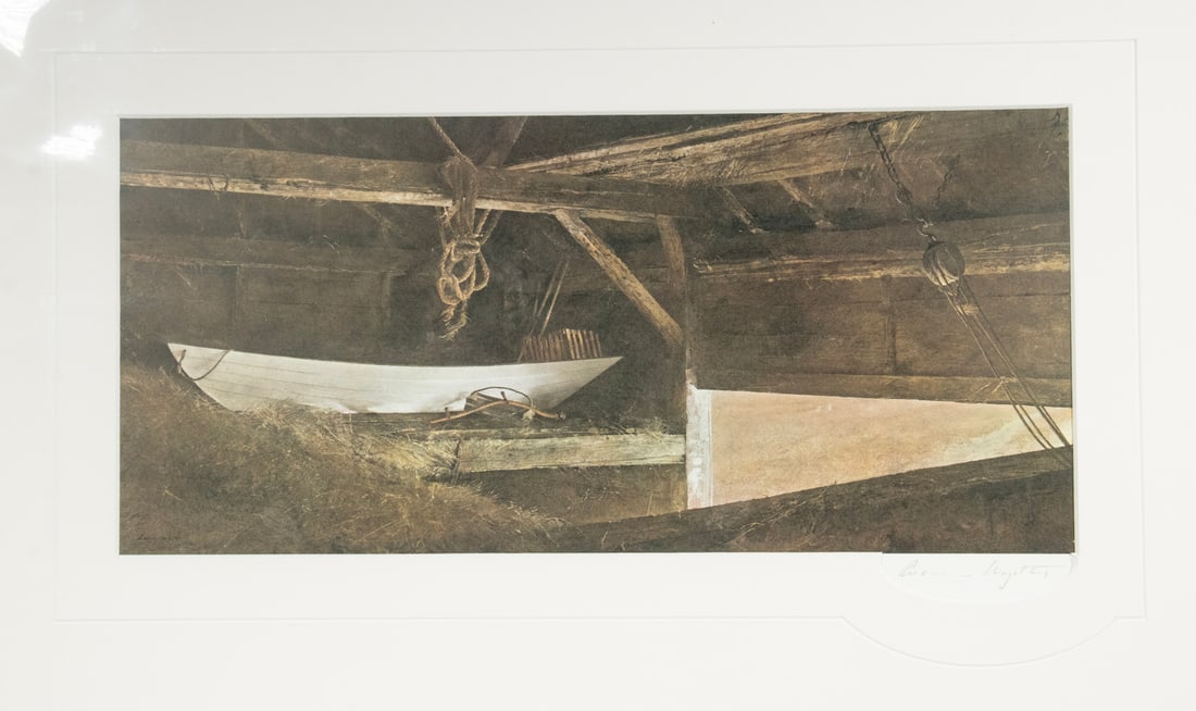 ANDREW WYETH (PA/ME, 1917-2009): ANDREW WYETH (PA/ME, 1917-2009) Unframed "Hay Ledge", 1959, depicting a dory stowed in a dark loft of a barn, collotype bookplate print, pencil signed, in conforming mat, acetate sleeve. OS: 20 x 24