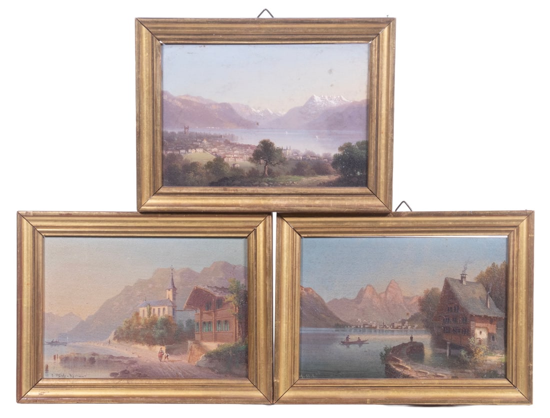 (3) MID-20TH C. MINIATURE VIEWS OF SWITZERLAND: (3) MID-20TH C. MINIATURE VIEWS OF SWITZERLAND One of Zurich, the others lake views with a few buildings, oil on panel, unsigned, inscriptions on back are probably locations, in gold molded frames.