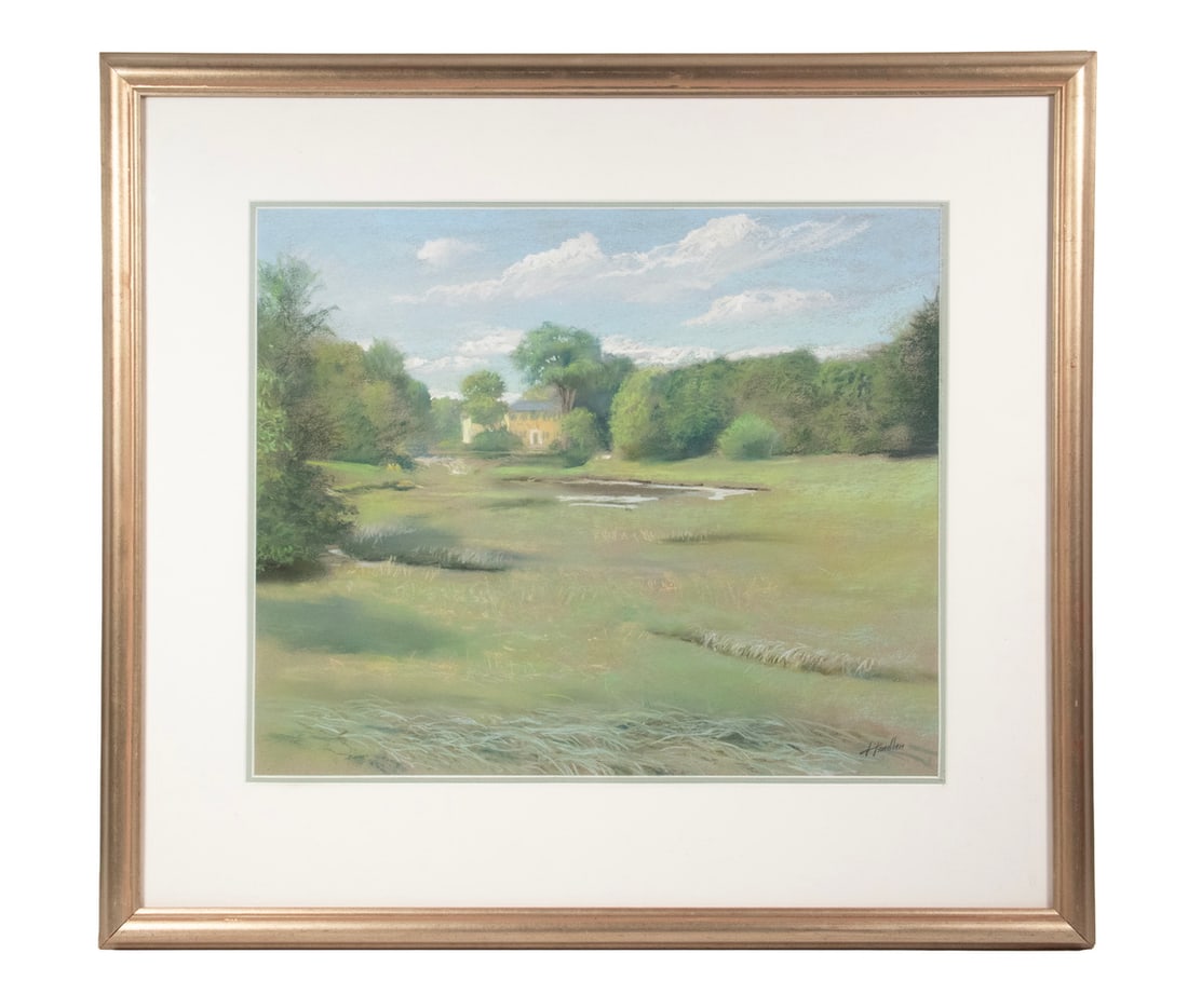FRANK HANDLEN (ME, 1916-2023): FRANK HANDLEN (ME, 1916-2023) Yellow House at Head of Wetlands, pastel on board, signed lower right, in gold molded frame, matted under glass. OS: 24 x 27 x 1 in. (61 x 68.6 x 2.5 cm.), SS: 15 x 18