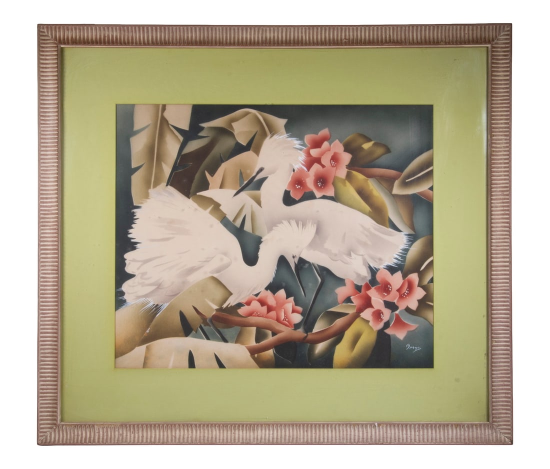 ART DECO GOUACHE OF BIRDS BY ADAMS: ART DECO GOUACHE OF BIRDS BY ADAMS Egrets and Water Lilies, gouache on paper signed lower right, in ribbed gold frame, matted under glass. OS: 30 1/2 x 34 1/2 x 3/4 in. (77.5 x 87.6 x 1.9 cm.)