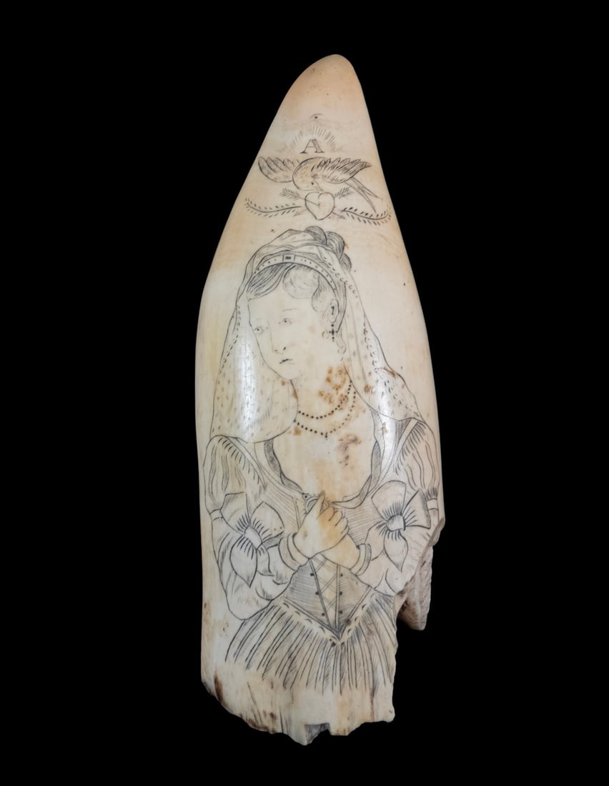 19TH C. SCRIMSHAW WHALE'S TOOTH OF WOMAN (1 of 3)
