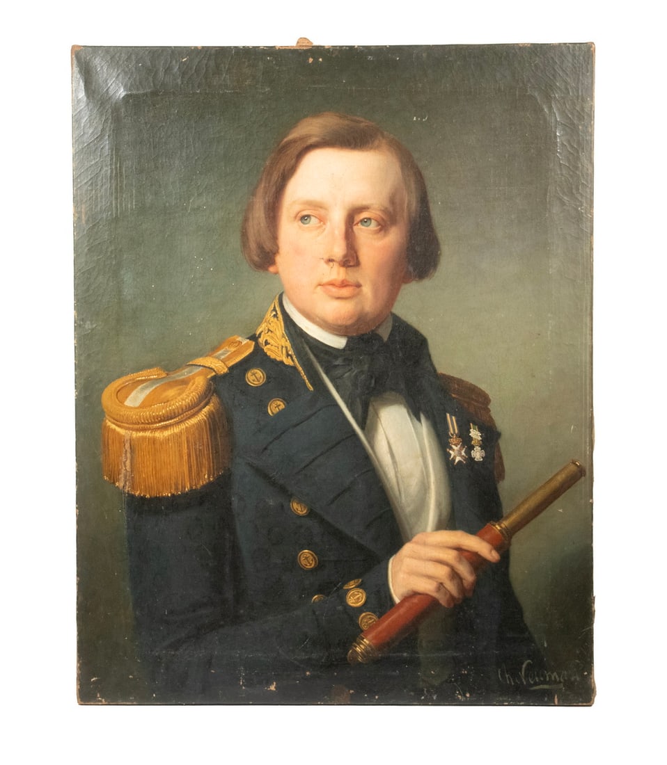 PORTRAIT OF A MID 19TH C. ROYAL NAVY OFFICER: PORTRAIT OF A MID 19TH C. ROYAL NAVY OFFICER Waist Length Portrait of a Decorated Officer, oil on canvas, illegibly signed lower right, he is depicted in dress uniform with long hair, holding a