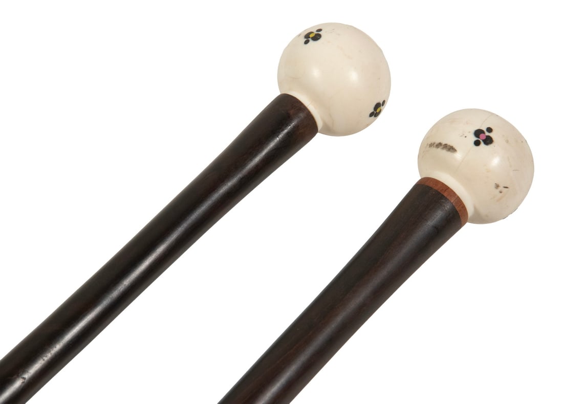 (2) 19TH C. INLAID WHALE IVORY TOP WALKING STICKS: Y (2) 19TH C. INLAID WHALE IVORY TOP WALKING STICKS (2) Early Canes, with baleen inlaid whale ivory ball tops, Malacca wood shafts, and whale ivory tips. Each, Length: 33 1/2 in. (85.1 cm.) CITES is