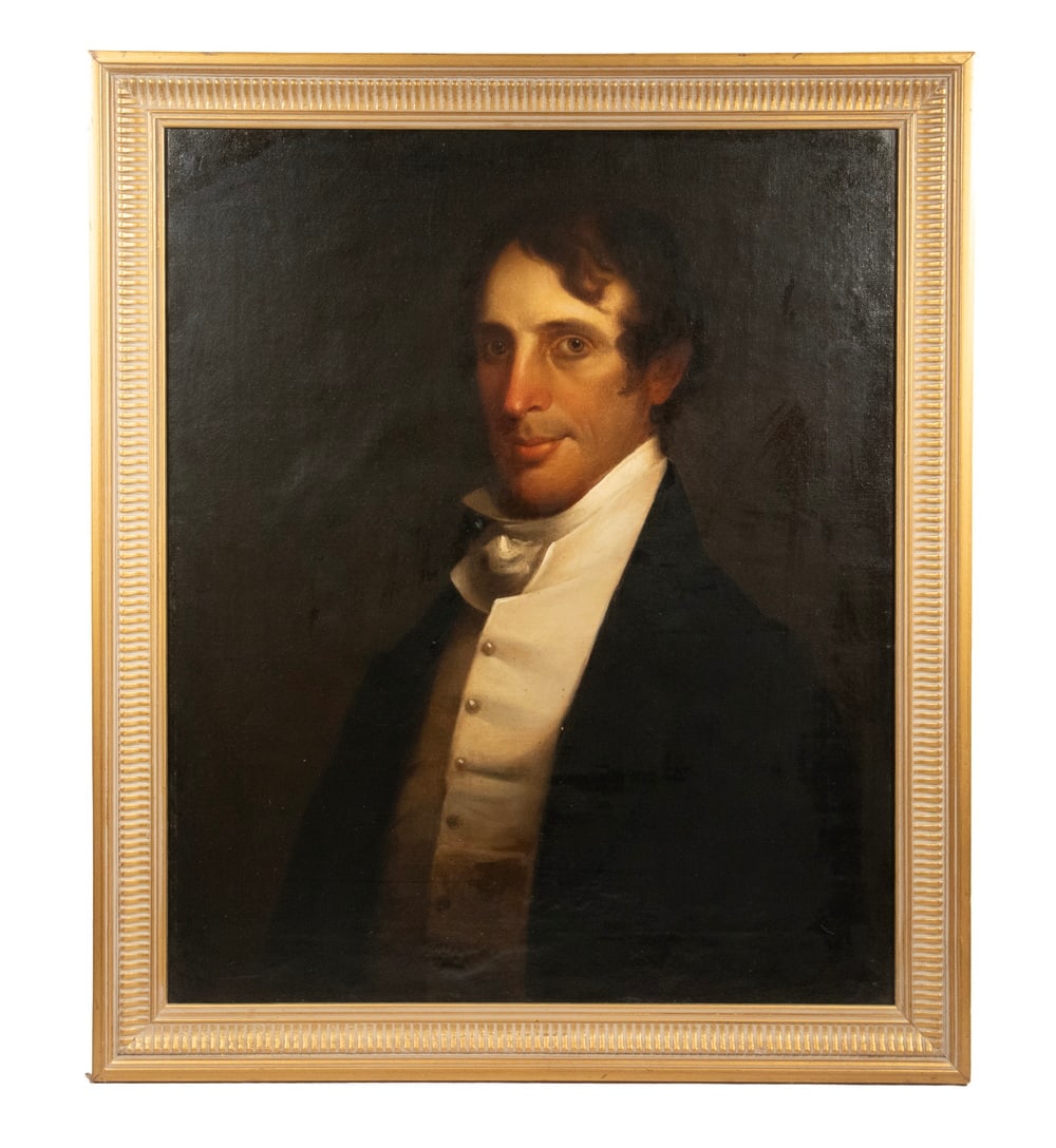 EARLY 19TH C. PORTRAIT OF A NEW ENGLAND GENTLEMAN: EARLY 19TH C. PORTRAIT OF A NEW ENGLAND GENTLEMAN Middle Aged Wealthy Gent from a Nantucket collection, circa 1820, depicted with brown hair, sideburns and eyes in blue coat with white stock and vest,