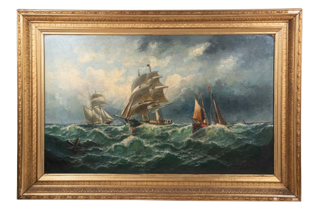 ALBERT E. DOWNS (MA, 1856-1923): ALBERT E. DOWNS (MA, 1856-1923) "Off Montevideo, S.A.", oil on academy board, signed, titled and dated 1882 verso, in the original gilt gesso frame. Minor loss to frame. OS: 29 x 43 x 2 1/2 in. (73.7