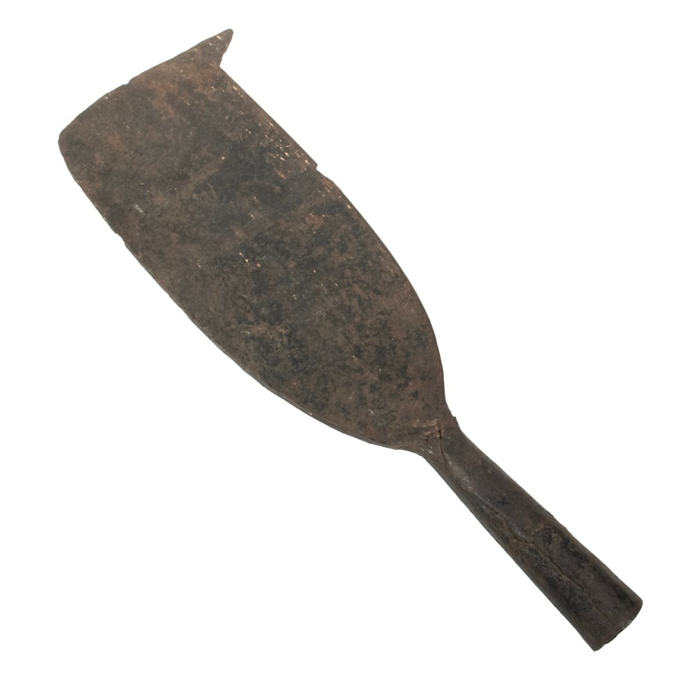 19TH C. FORGED IRON WHALING FLENSING TOOL: 19TH C. FORGED IRON WHALING FLENSING TOOL Early Blubber Cutting Spade, in heavy hand forged iron, stamped with partially legible maker's or owner's name in rectangular cartouche - "Kanter" or