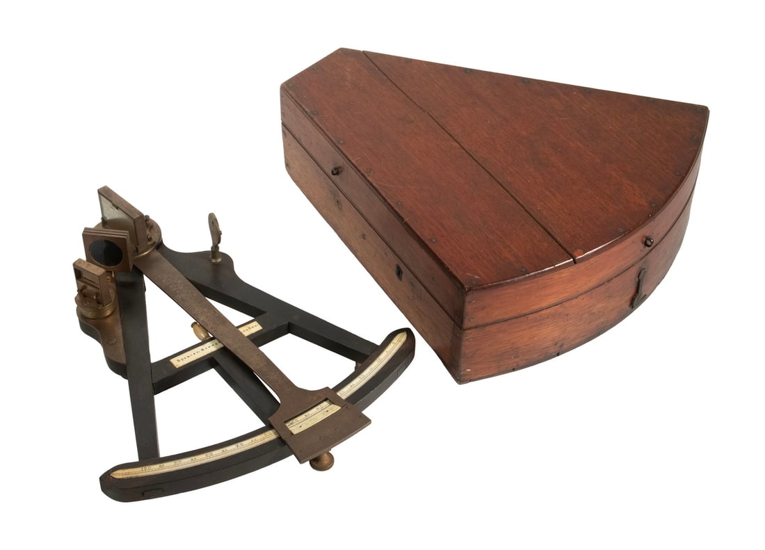 CASED 19TH C. SPENCER, BROWNING & CO. SEXTANT: CASED 19TH C. SPENCER, BROWNING & CO. SEXTANT Mid-19th c. English Marine Sextant, by Spencer, Browning & Co., London, retailed by S. Thaxter & Son, Boston, in ebony and brass with bone inlaid arc and