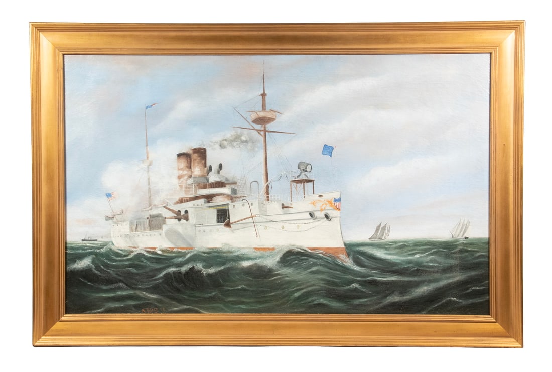 H. TASKER PORTRAIT OF THE USS MAINE: H. TASKER PORTRAIT OF THE USS MAINE Depicted Underway Starboard View, with another steamer and two schooners behind, oil on canvas, signed and dated '98 lower left, in copper-gold molded frame. One