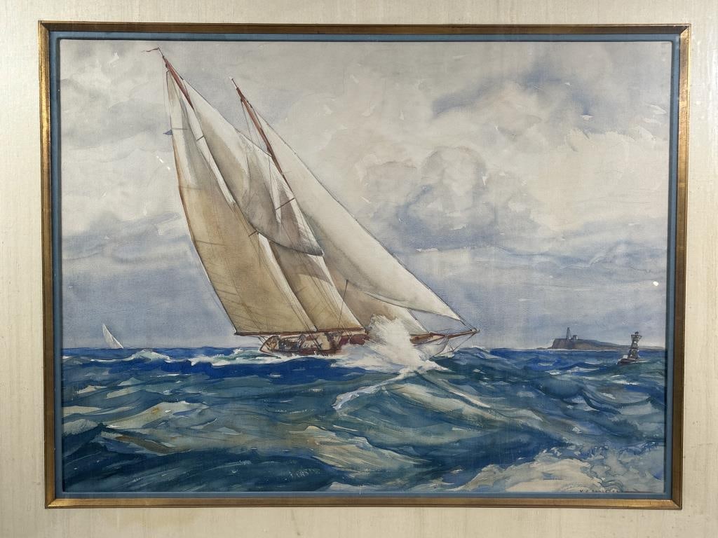 YNGVE EDWARD SODERBERG (CT/IL, 1896-1971): YNGVE EDWARD SODERBERG (CT/IL, 1896-1971) Racing Yacht Healing in Chop, watercolor on paper, in mitered bird's-eye maple frame, matted under glass. OS: 32 x 38 x 2 in. (81.3 x 96.5 x 5.1 cm.), SS: 20