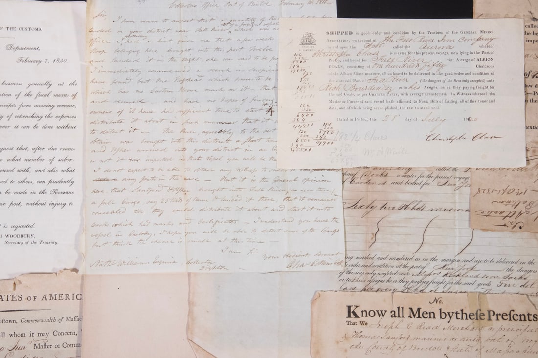 LARGE GROUP OF PRE-1865 MARTIME SHIP'S PAPERS: LARGE GROUP OF PRE-1865 MARTIME SHIP'S PAPERS Approximately 100 pieces concerning Massachusetts & Maine based vessels, including: Marsielles France Port papers, Schooner Pratt Canadian receipts; Schoo