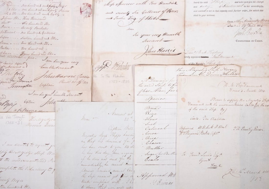 GROUP WAR OF 1812 ROYAL NAVY DOCUMENTS SOME ADMIRALS SIGNED: GROUP WAR OF 1812 ROYAL NAVY DOCUMENTS SOME ADMIRALS SIGNED Includes: Orders from Commander in Chief Sir George Burlton, signed June 1815; (died in Sept); PLUS Beer Order for HMS Sloop Sparrow, April 