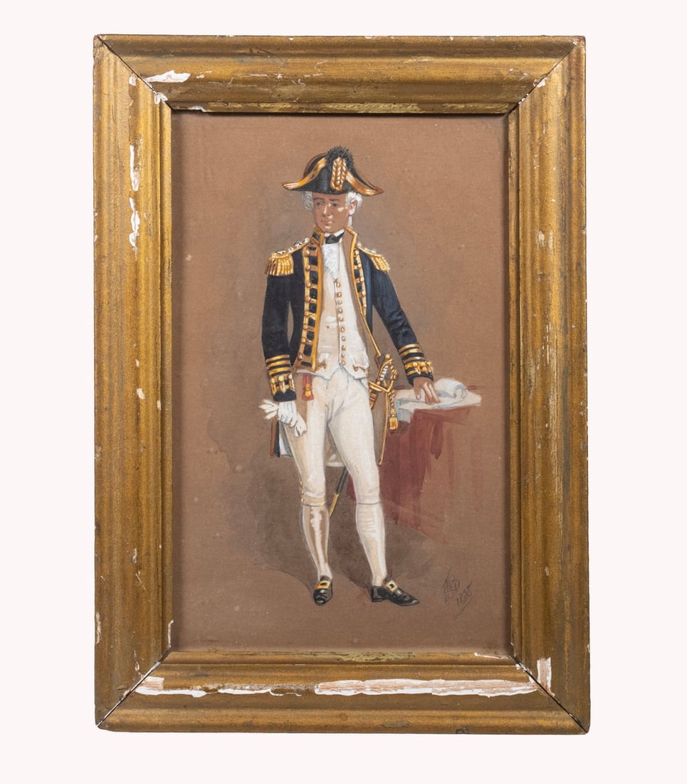 PORTRAIT OF A ROYAL NAVY OFFICER: PORTRAIT OF A ROYAL NAVY OFFICER Full Length Portrait of an 18th c. Royal Navy Admiral, probably meant to be Nelson, editing out the loss of an arm. Gouache on paper, initialed ACD and numbered 1825,
