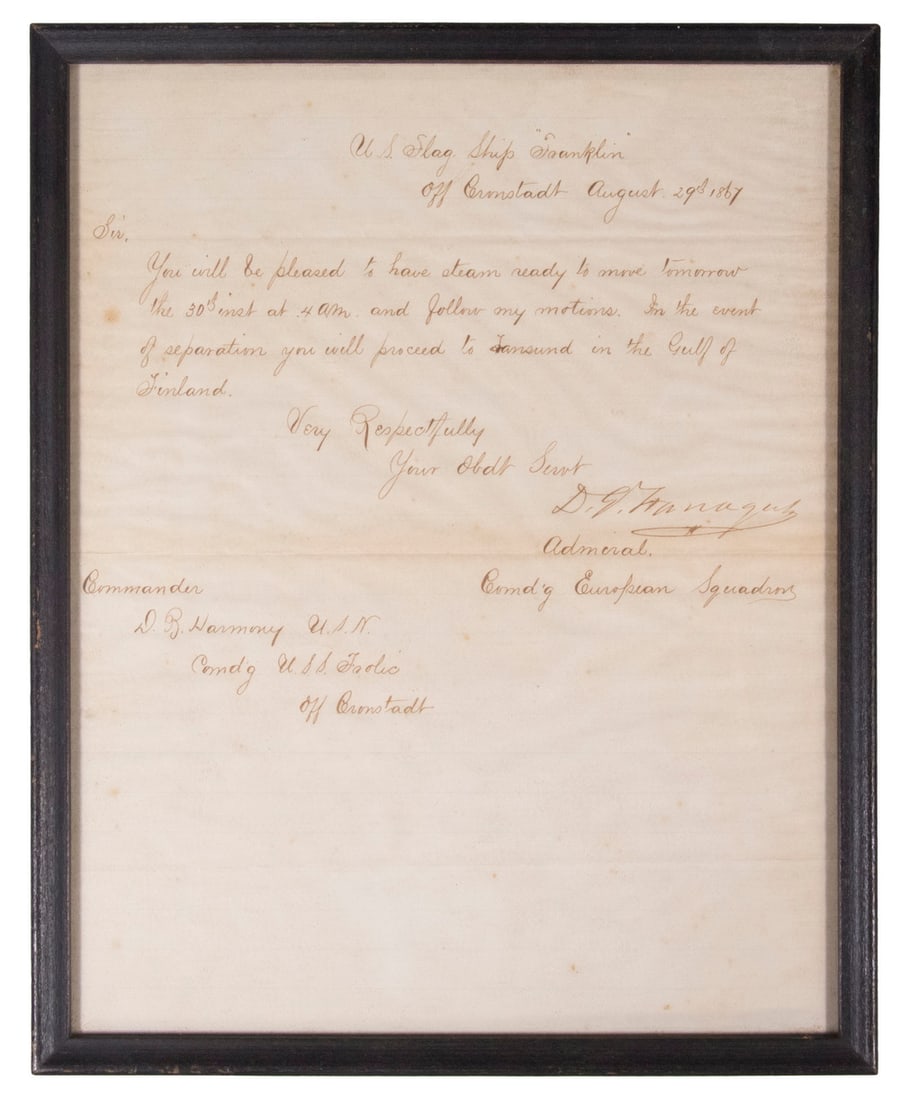 1867 SIGNED EUROPEAN SQUADRON ORDER FROM ADMIRAL DAVID GLASGOW FARRAGUT (1801-1870) (1 of 5)