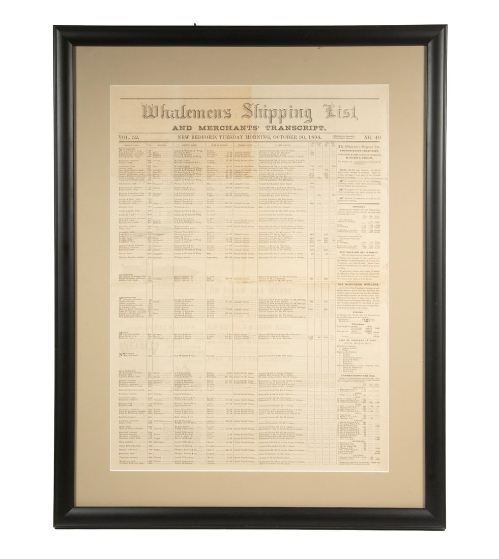 FRAMED WHALEMEN'S SHIPPING LIST 1894: FRAMED WHALEMEN'S SHIPPING LIST 1894 New Bedford Trade Paper for Whalers, dated Oct 30, 1894, in plain black frame, matted under glass, acetate backed with acetate to view reverse. Folded, toned. OS: