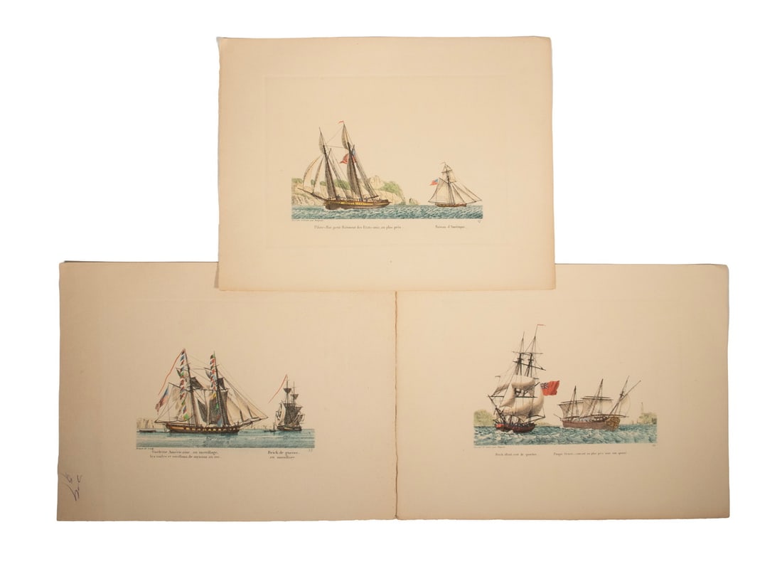 (3) SMALL EARLY NAUTICAL PRINTS: (3) SMALL EARLY NAUTICAL PRINTS French 19th c. captioned Historic Sailing Warships, unframed, in folio. Pen mark on one corner of one print. Sheets: 9 1/2 x 12 1/2 in. (24.1 x 31.8 cm.), Impressions: