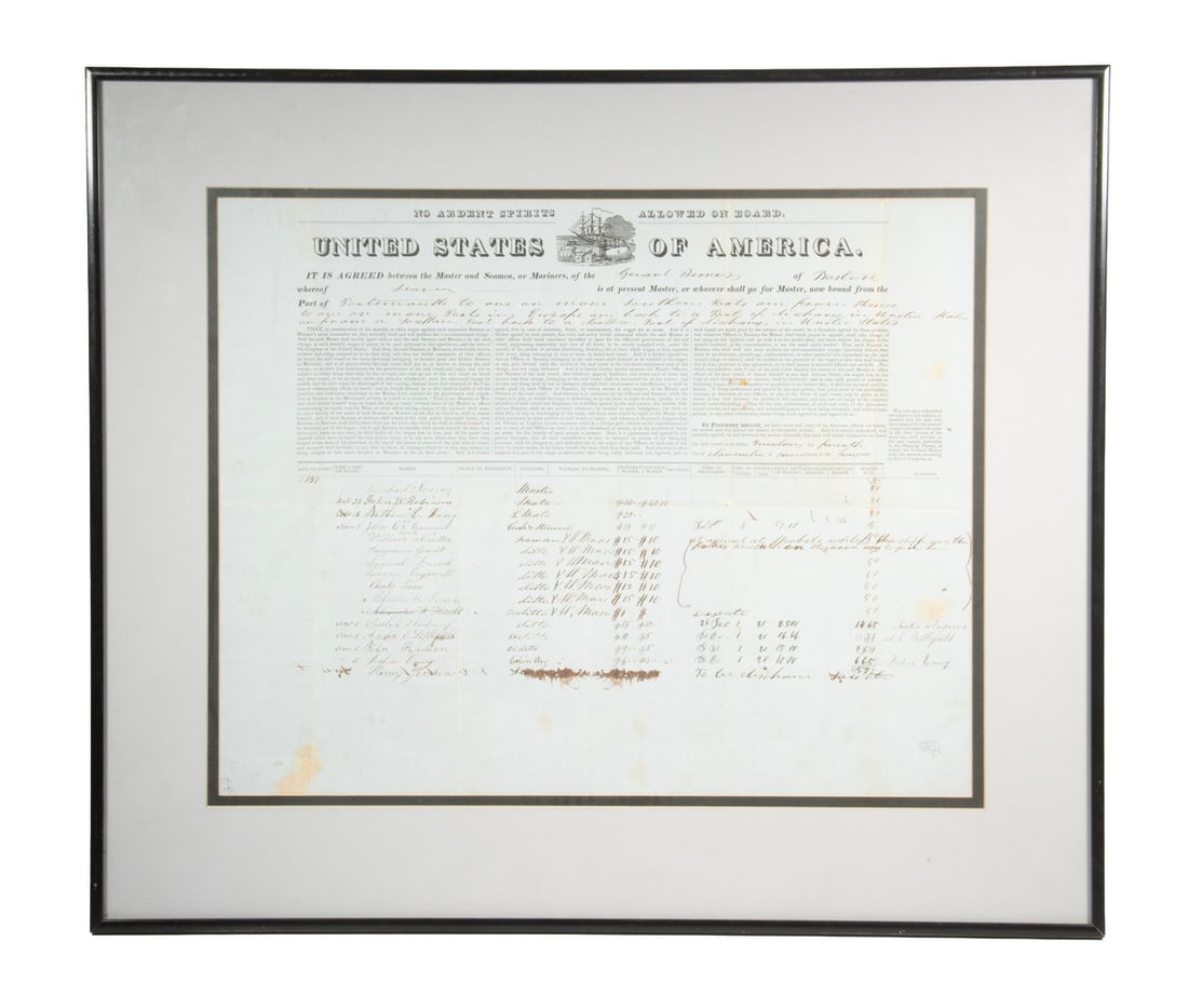 FRAMED SHIP'S PASSPORT 1851 BOSTON: FRAMED SHIP'S PASSPORT 1851 BOSTON 1851 Schooner "General Benner", Boston to Portsmouth NH and back with side trips up and down rivers between, Master Michael Sealey. Double glazed in black metal