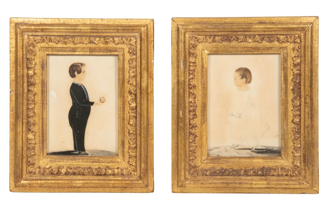 CA 1810 PAIR OF NAIVE W/C PORTRAITS OF BROTHER & SISTER, PITT FAMILY PHILADELPHIA: CA 1810 PAIR OF NAIVE W/C PORTRAITS OF BROTHER & SISTER, PITT FAMILY PHILADELPHIA Jesse B. Pitt & Caroline Matilda Pitt of Philadelphia, aged about 10, watercolor on cardstock, full-length profiles, h