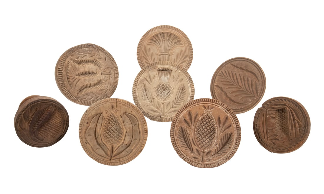 (8) 19TH C. CARVED WOODEN BUTTER STAMPS (1 of 1)