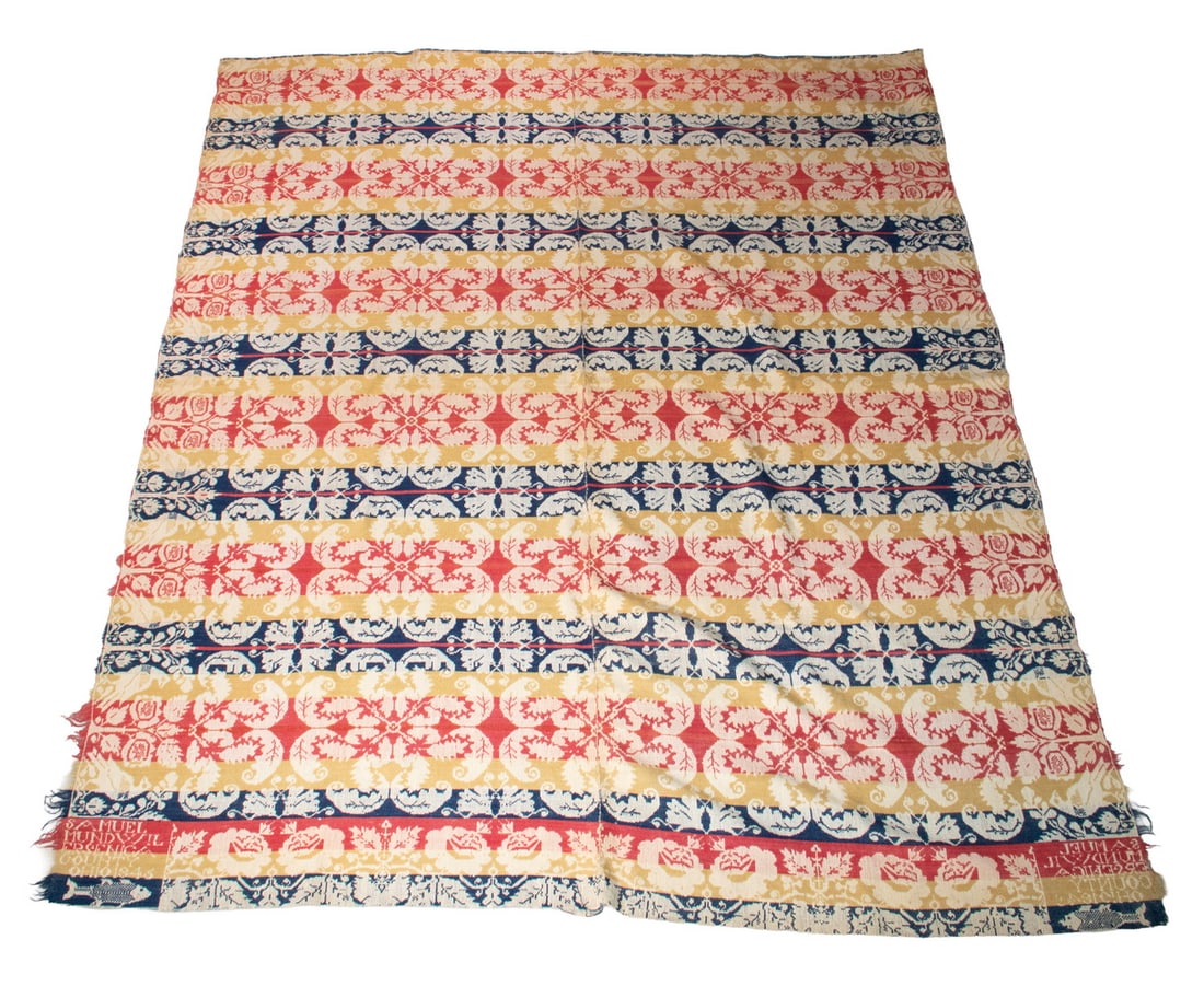 MID-19TH C. COVERLET, SAMUEL MUNDWILER, SENECA CO., OH: MID-19TH C. COVERLET, SAMUEL MUNDWILER, SENECA CO., OH Cotton and Wool Jacquard Coverlet, dated 1845, woven by Samuel Mundwiler (born 1821, active 1848-51), Seneca County, Hopewell Township, OH, with 