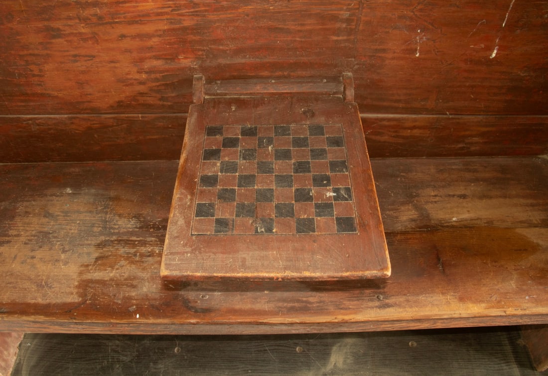 18TH C. PINE SETTLE BENCH W/ GAME BOARD - 2