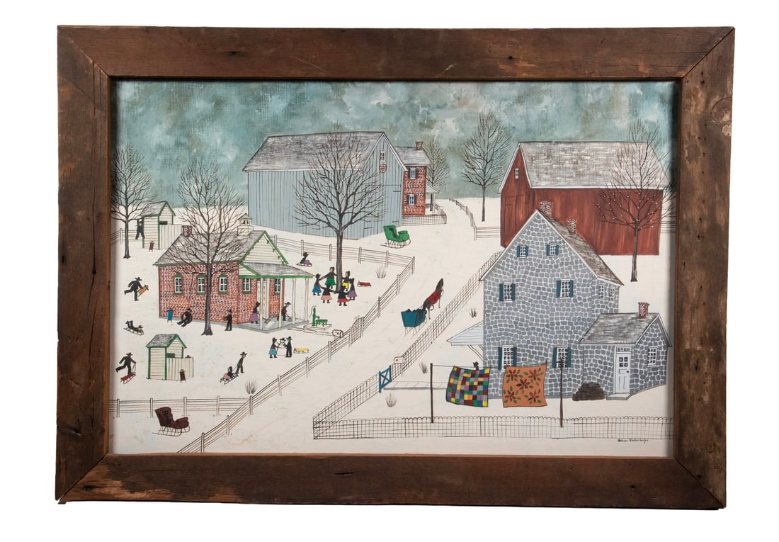 DOLORES HACKENBERGER (PA, 1930-2024): DOLORES HACKENBERGER (PA, 1930-2024) Amish Folk Art View of Village in Winter, with a busy schoolhouse playground, oil on canvas, signed lower right, in barnwood panel frame. OS: 29 x 41 x 1 in.