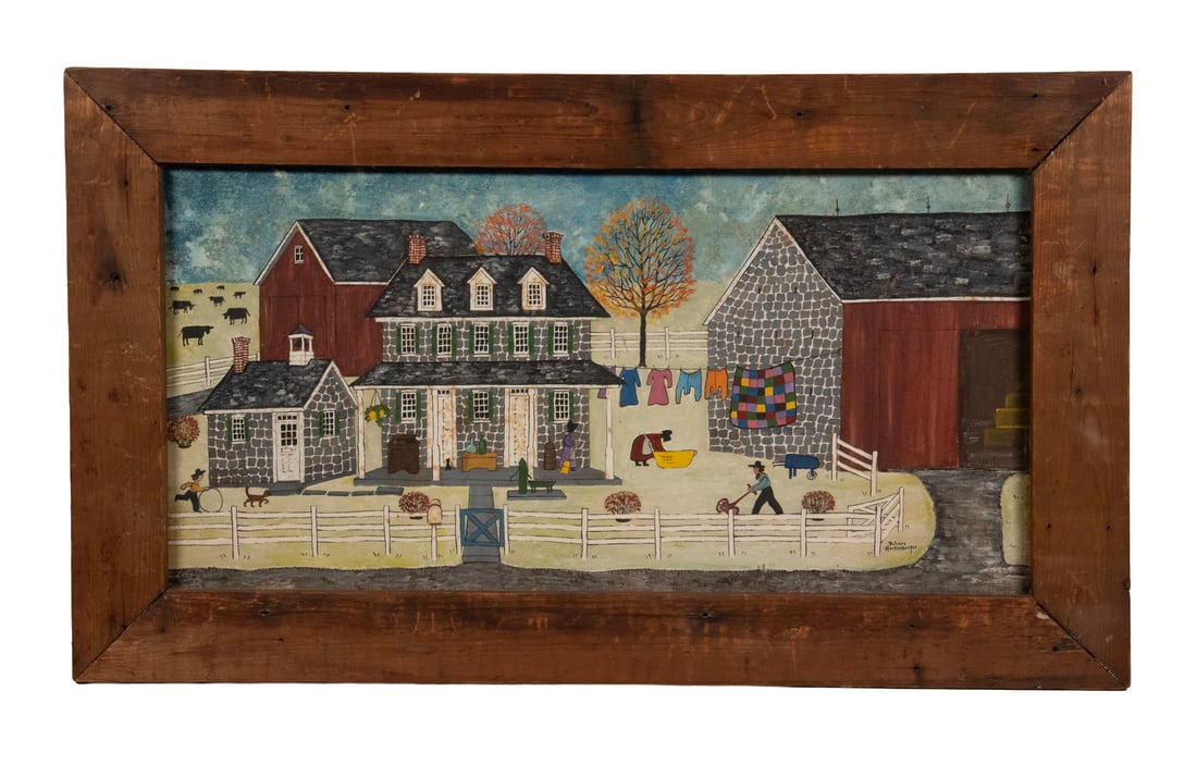 DOLORES HACKENBERGER (PA, 1930-2024): DOLORES HACKENBERGER (PA, 1930-2024) Folk Art Painting of a Busy Amish Farm in Autumn, oil on canvas, signed lower right, in barnwood panel frame. OS: 16 x 28 1/2 in. (40.6 x 72.4 cm.), SS: 11 1/2 x 2