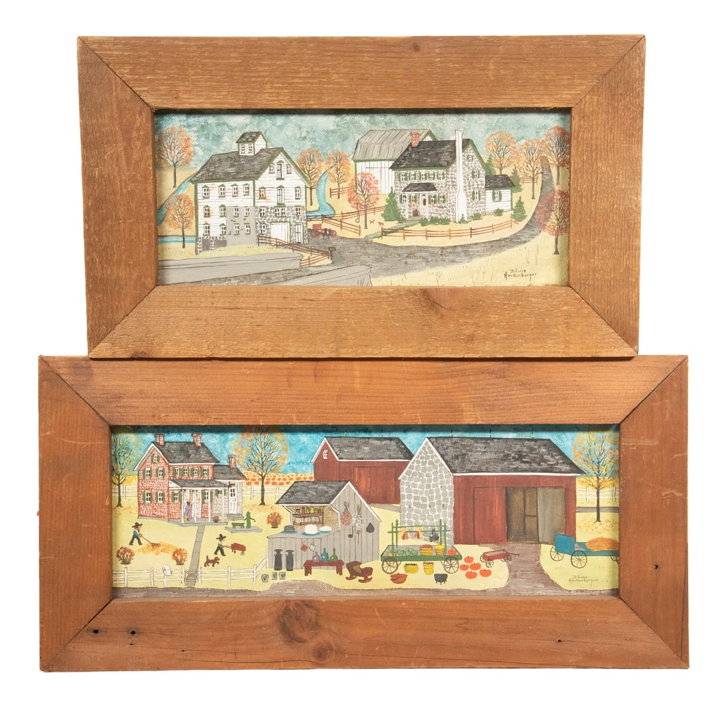 DOLORES HACKENBERGER (PA, 1930-2024): DOLORES HACKENBERGER (PA, 1930-2024) (2) Folk Art Views of Amish Farms, oil on canvas board, both signed lower right, depicting one with stone walls, the other with red paint and single stone end
