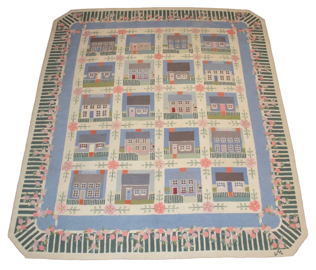 LARGE CLAIRE MURRAY 7 1/2 x 8 1/2 HOOKED RUG, BIRD & FLOWERS, COTTAGE SQUARESS: LARGE CLAIRE MURRAY 7 1/2 x 8 1/2 HOOKED RUG, BIRD & FLOWERS, COTTAGE SQUARESS Hand Hooked Rug from the design of the Barnstable Mass artist, initialed in border, retaining the original label showing 
