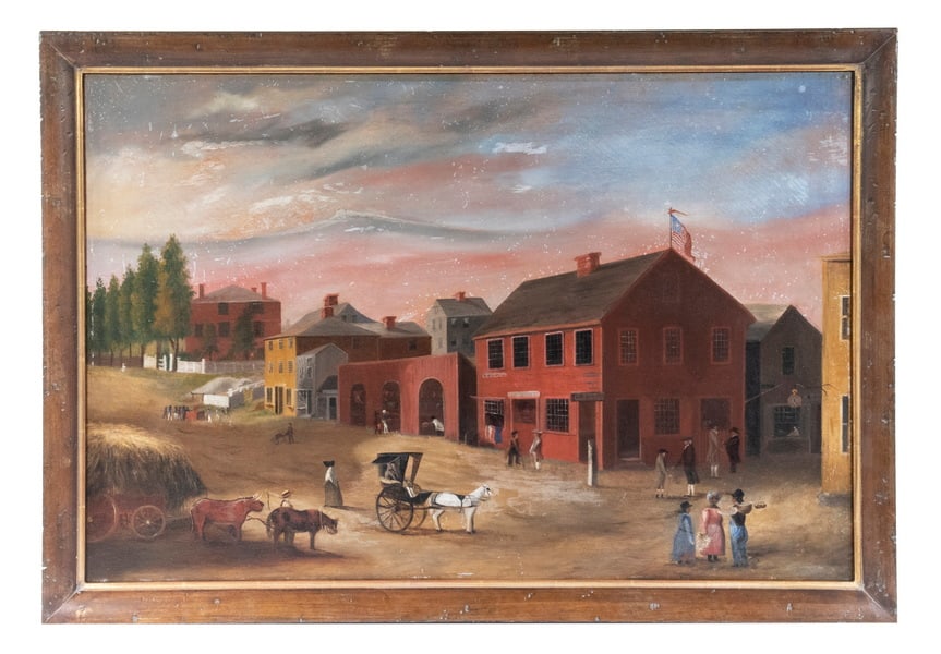 ATTRIBUTED TO WILLIAM ALLEN WALL (MA, 1801-1885): ATTRIBUTED TO WILLIAM ALLEN WALL (MA, 1801-1885) "Old Four Corners, Junction of Union and Water Streets, New Bedford, Massachusetts", oil on canvas laid to hardboard, unsigned, in walnut frame with gi